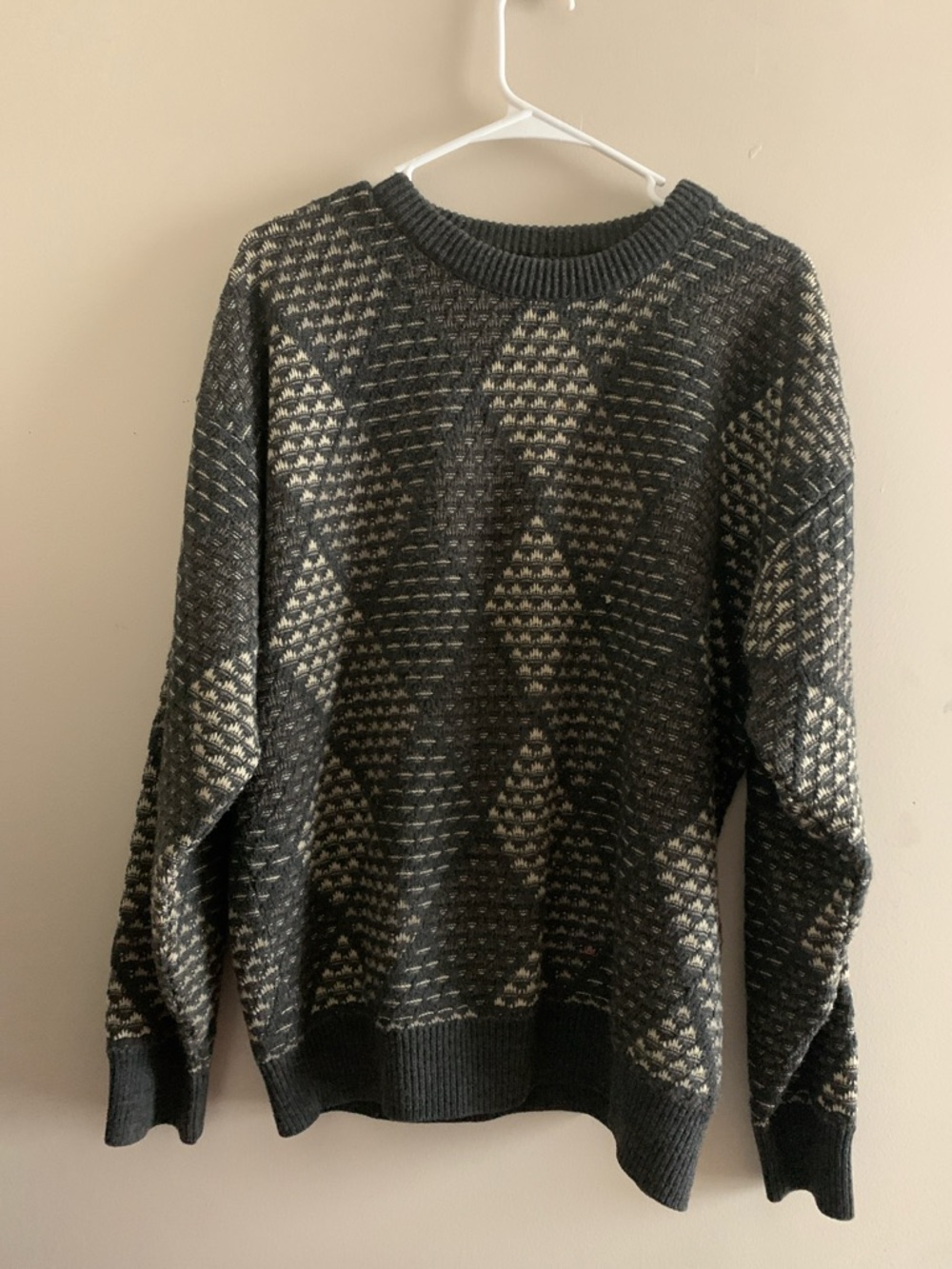 Jantzen Black and Cream Argyle-Pattern Crewneck Sweater